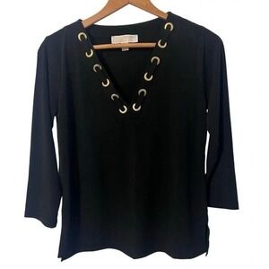 MICHAEL KORS Top Black With Gold Ring Detail Around V-Neck Size Small NWOT